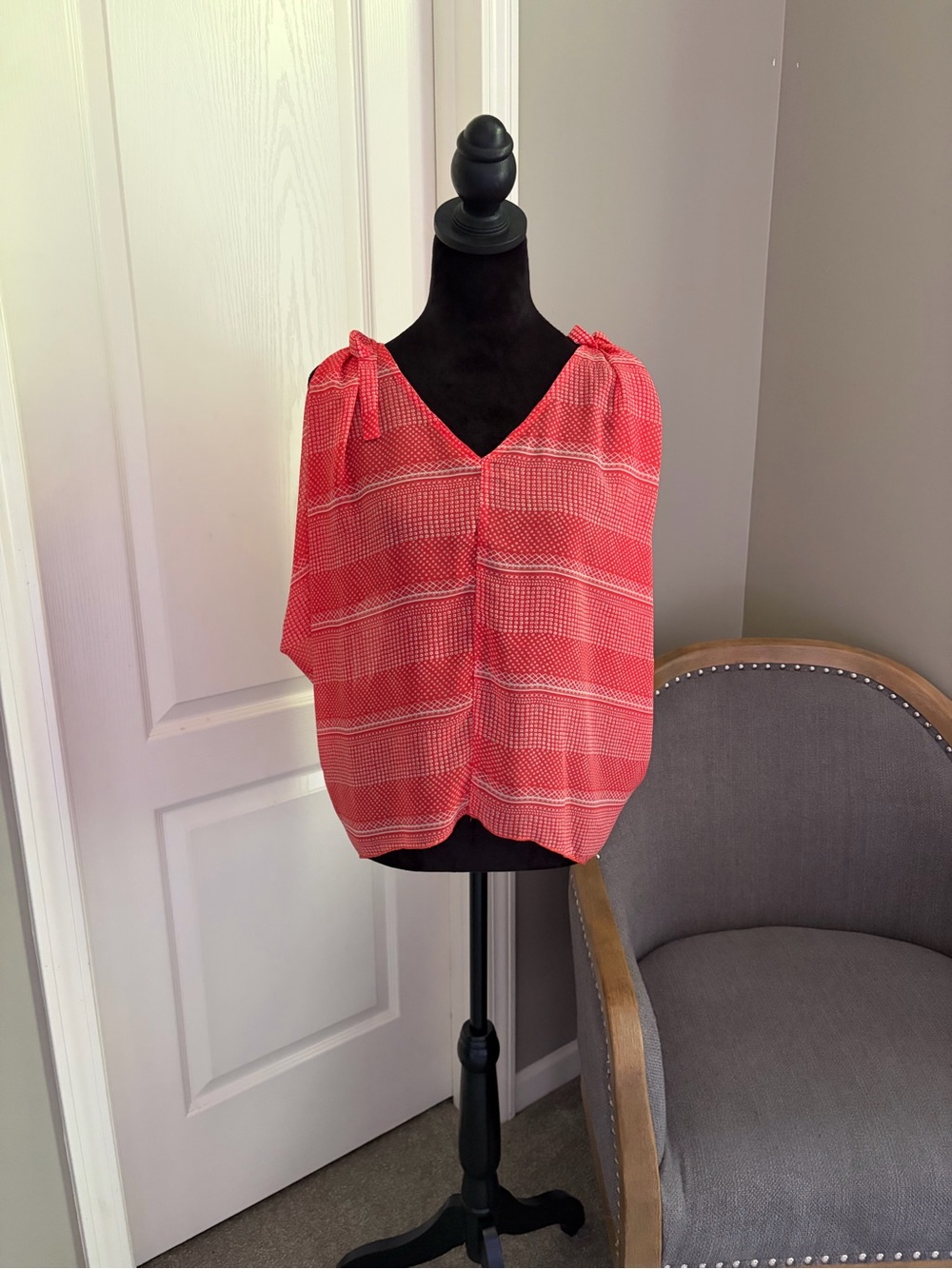 Ya Los Angeles Coral Pink Striped V-Neck Tie-Shoulder Blouse